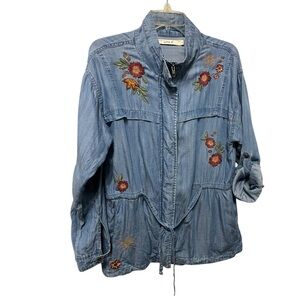 Boho soft denim Lyocell Jacket drawstring floral embroidery zip & snap sz L west